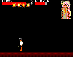 Hayato s’enfronta a un cap flotant sota els indicadors BOSS i PLAYER.