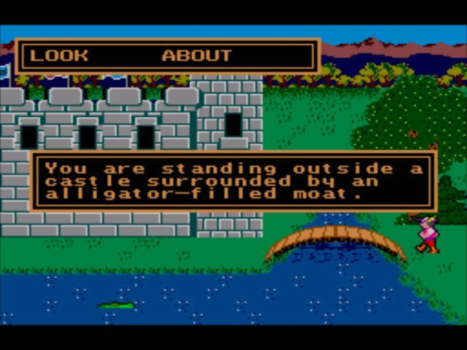 Interfície de King's Quest amb l’ordre LOOK ABOUT i una descripció textual del castell i el fossat.