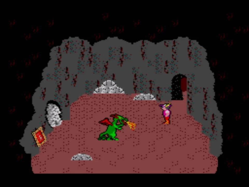 Un drac verd escup foc davant de Sir Graham dins d’una cova.