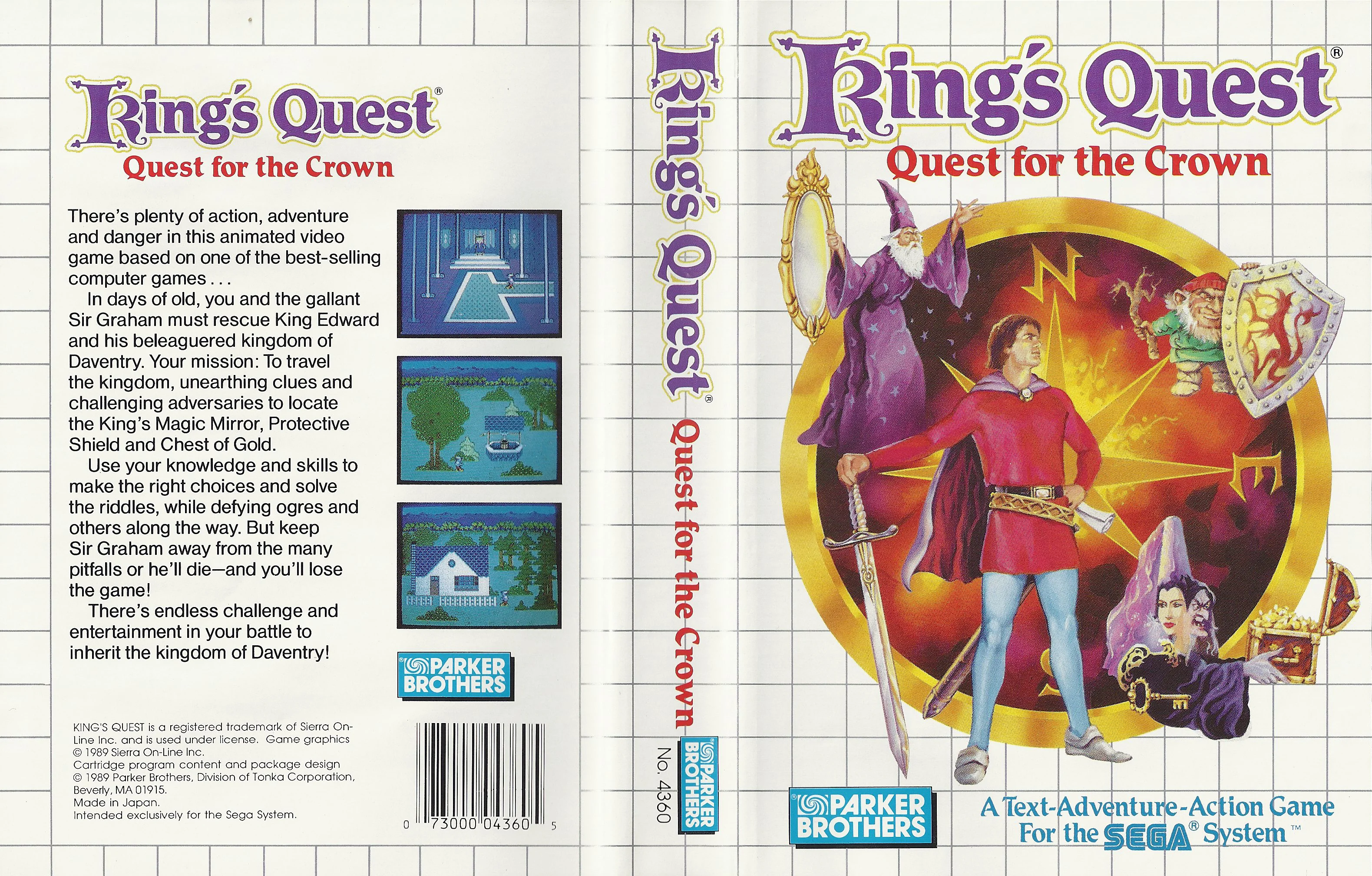 Caràtula nord-americana desplegada de King's Quest: Quest for the Crown, amb portada, llom, contraportada, sinopsi i captures.