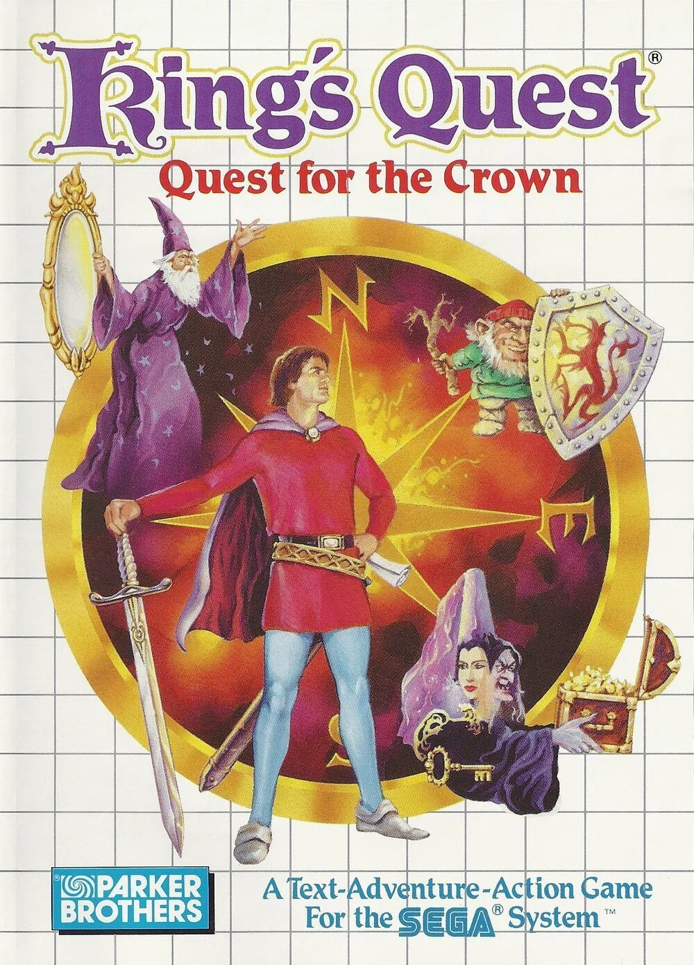 Portada nord-americana de King's Quest: Quest for the Crown per a Sega Master System, amb Graham i figures associades als tres tresors.