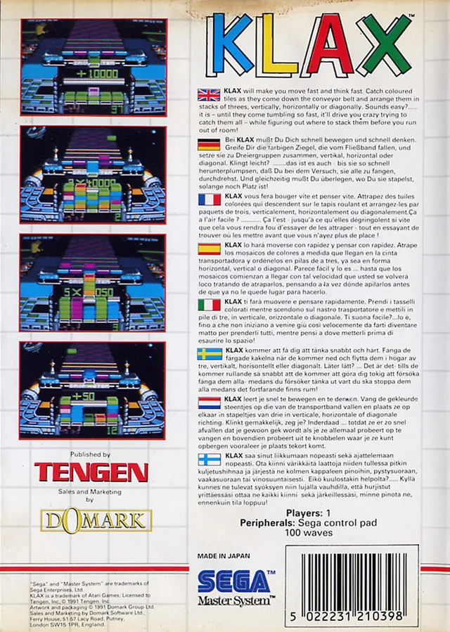 Contraportada europea de Klax per a Sega Master System amb captures, textos multilingües i marques de Tengen i Domark.