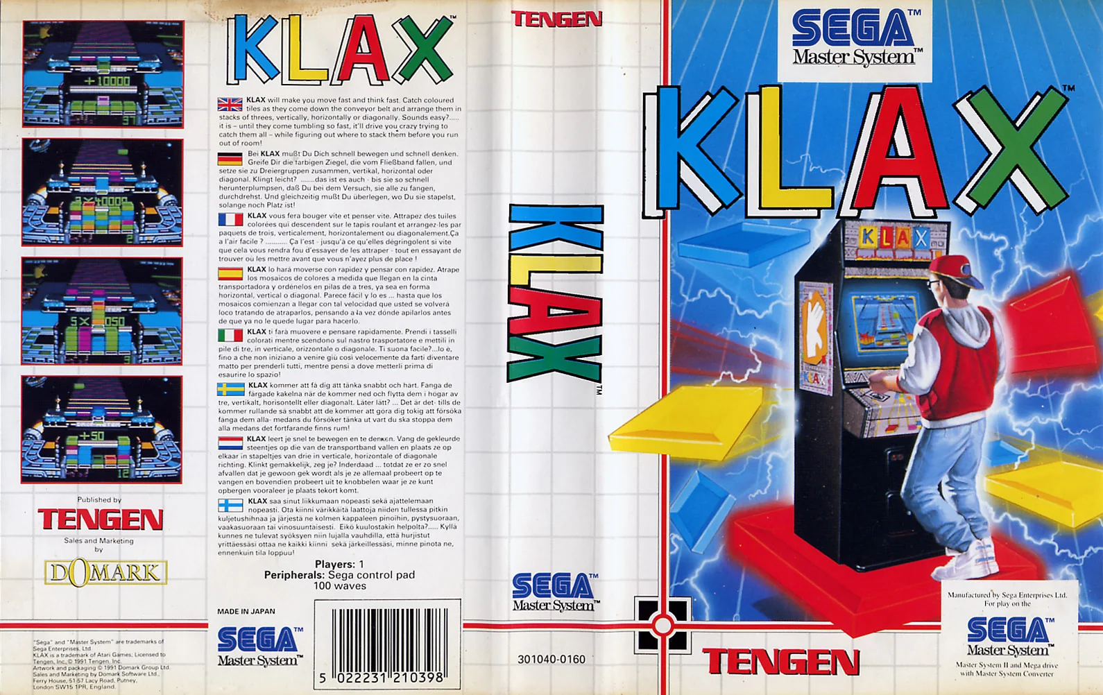 Coberta europea desplegada de Klax per a Sega Master System amb contraportada, llom i portada.