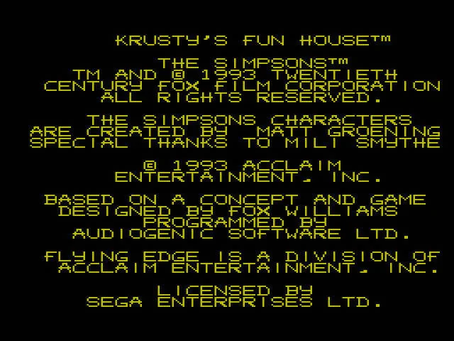 Pantalla de crèdits de Krusty's Fun House amb els noms d’Acclaim, Audiogenic, Fox Williams i Sega.