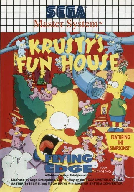 Portada europea de Krusty's Fun House per a Sega Master System, amb Krusty, Bart i un grup de rates.