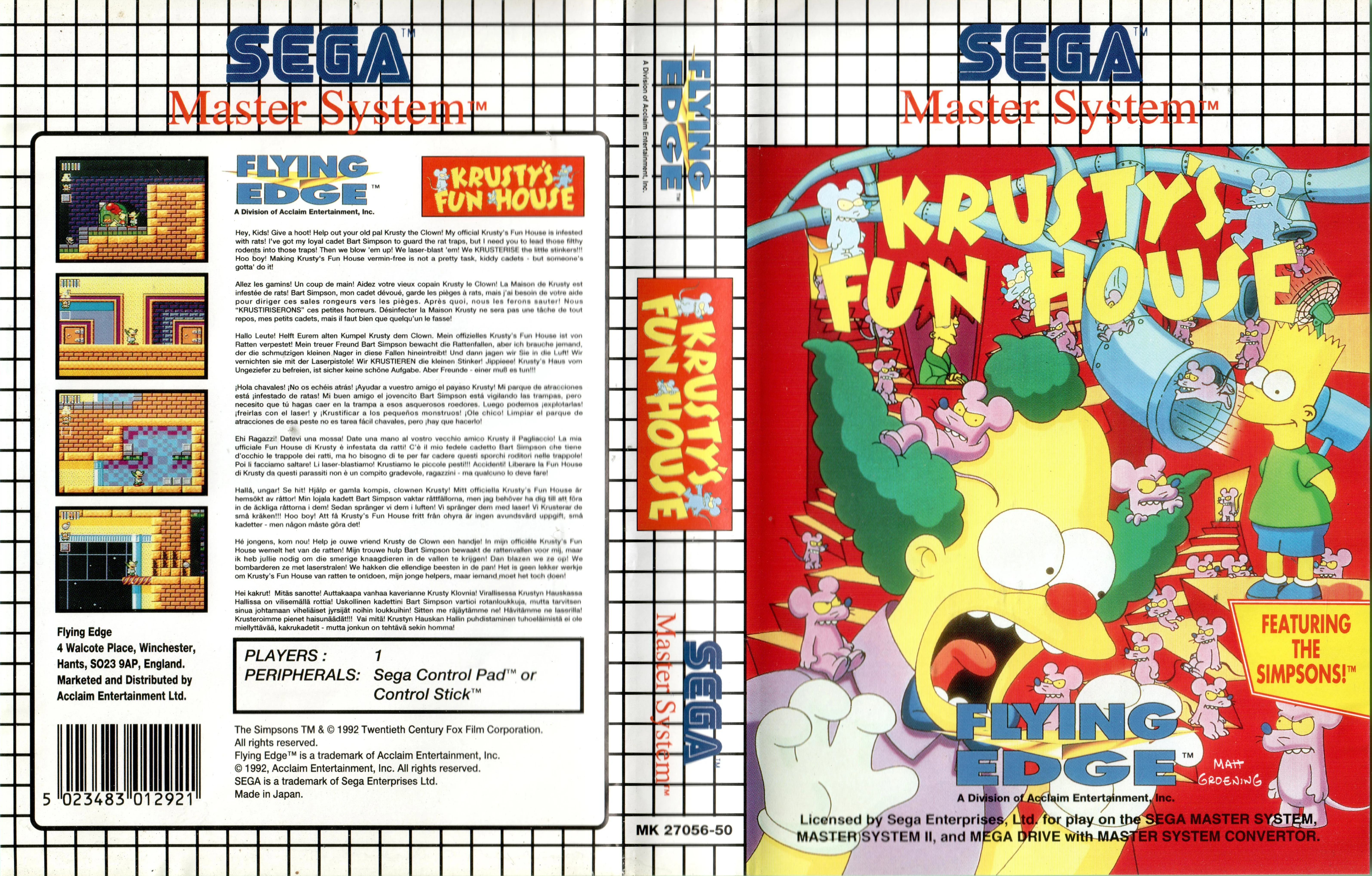 Caràtula europea desplegada de Krusty's Fun House, amb portada, llom i contraportada multilingüe.