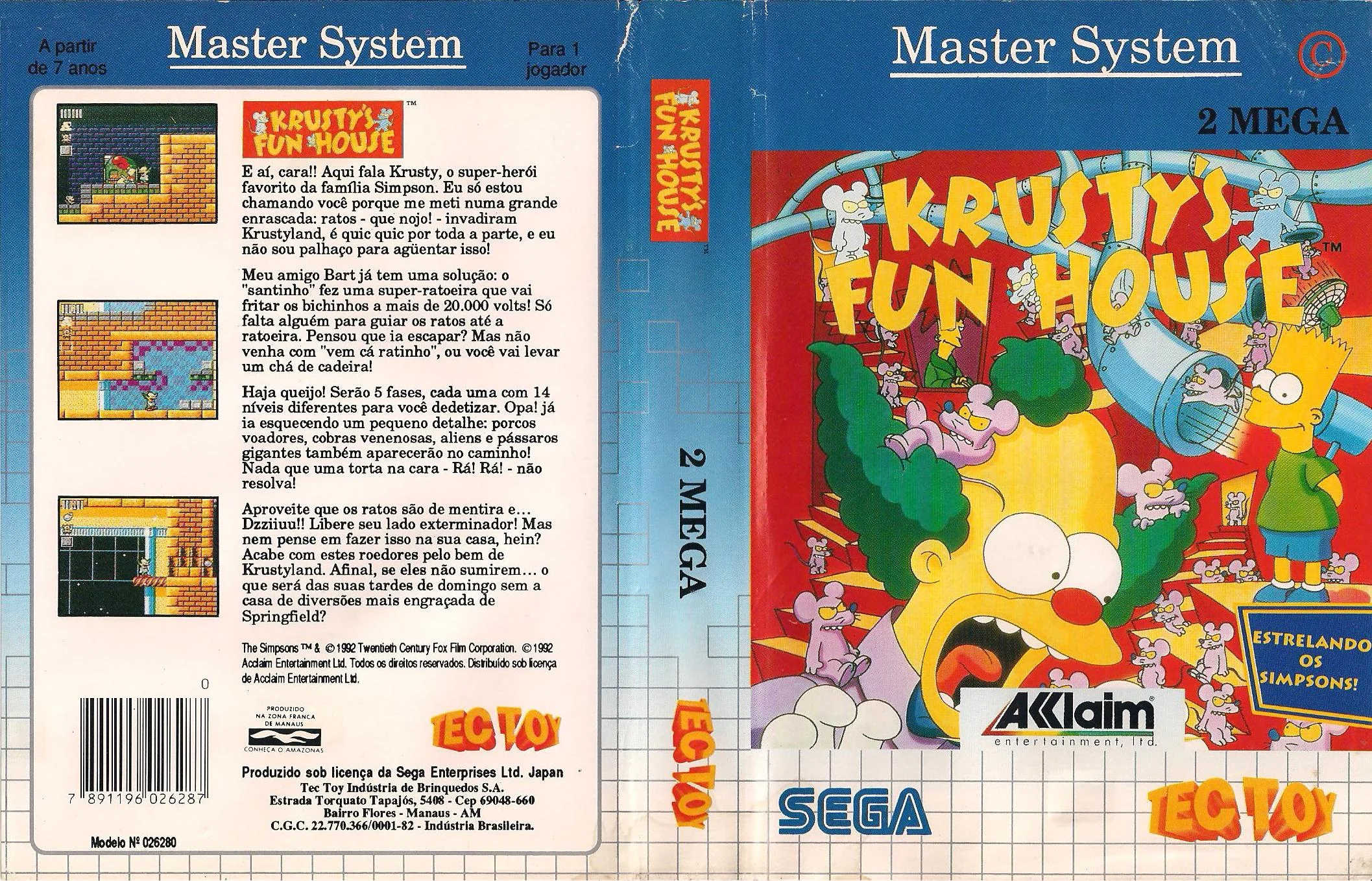 Caràtula desplegada brasilera de Krusty's Fun House, amb textos en portuguès i marques de Tec Toy.