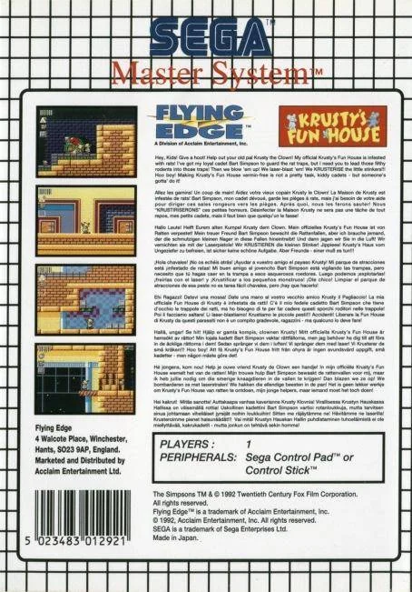 Contraportada europea de Krusty's Fun House per a Sega Master System, amb captures i text multilingüe.