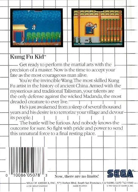 Contraportada nord-americana de Kung Fu Kid amb dues captures, una sinopsi en anglès i el logotip de Sega.