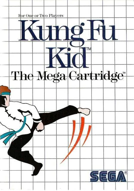 Portada nord-americana de Kung Fu Kid amb un artista marcial executant una puntada sobre una quadrícula blanca.