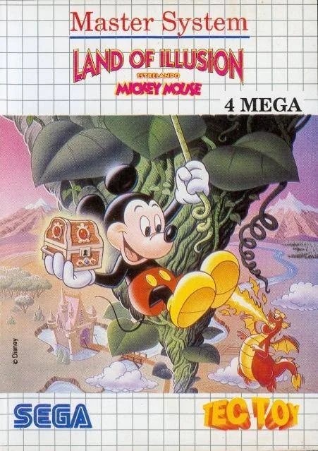 Portada brasilera de Land of Illusion amb Mickey en una liana, la marca Tec Toy i la indicació 4 MEGA.