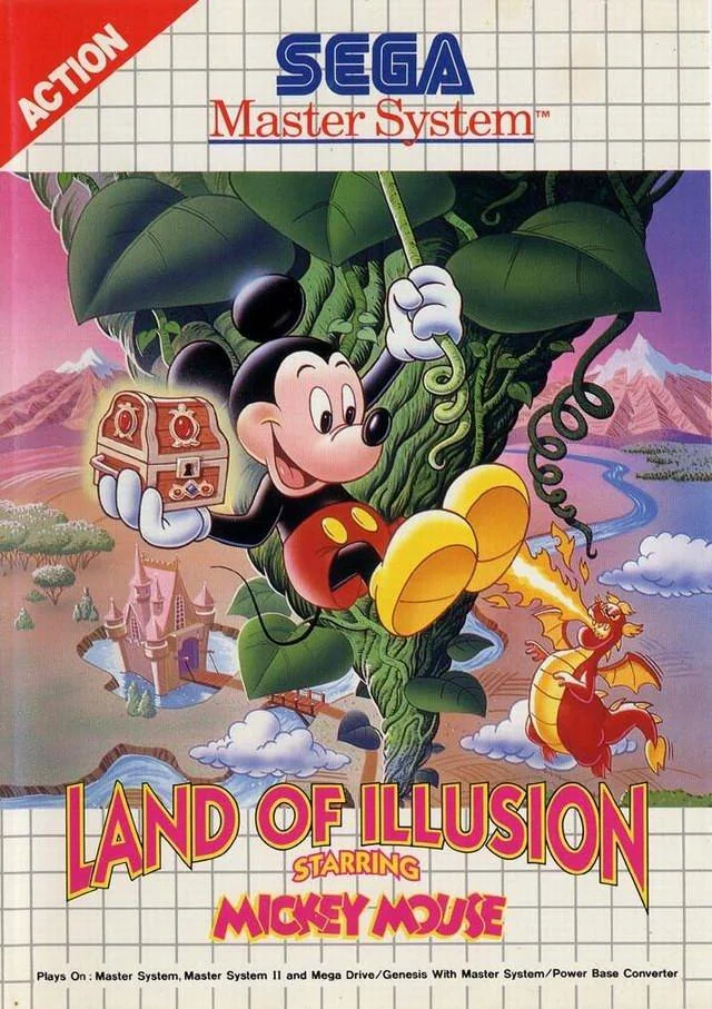 Portada europea de Land of Illusion Starring Mickey Mouse per a Sega Master System, amb Mickey penjat d’una liana.
