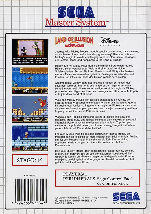 Contraportada europea de Land of Illusion Starring Mickey Mouse per a Sega Master System, amb captures i textos multilingües.