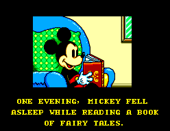 Mickey adormit al llit amb un llibre obert durant la introducció de Land of Illusion.