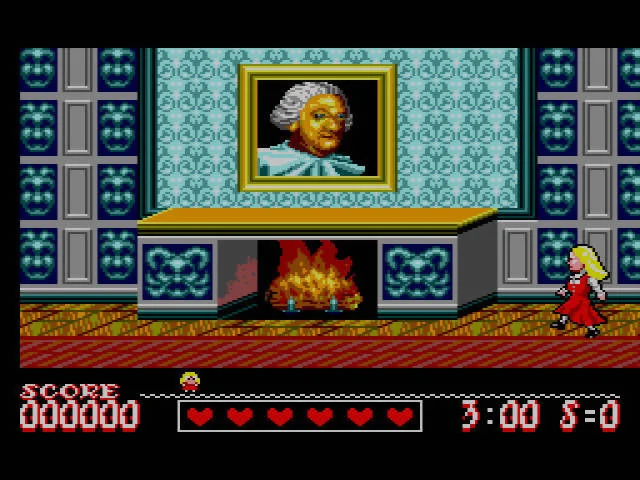 Partida de Laser Ghost en una sala amb llar de foc, amb Katherine a la dreta i els indicadors de puntuació, cors, temps i trets especials.