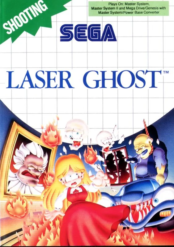 Portada europea de Laser Ghost per a Sega Master System, amb Katherine envoltada de fantasmes, flames i un automòbil monstruós.