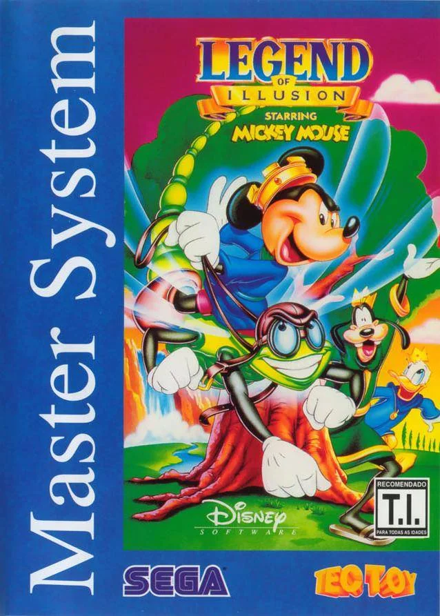 Portada brasilera de Legend of Illusion Starring Mickey Mouse per a Master System, amb Mickey, Goofy i Donald.