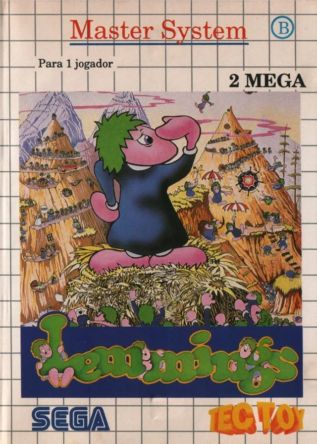 Portada brasilera de Lemmings per a Master System, amb les marques Sega i Tec Toy.