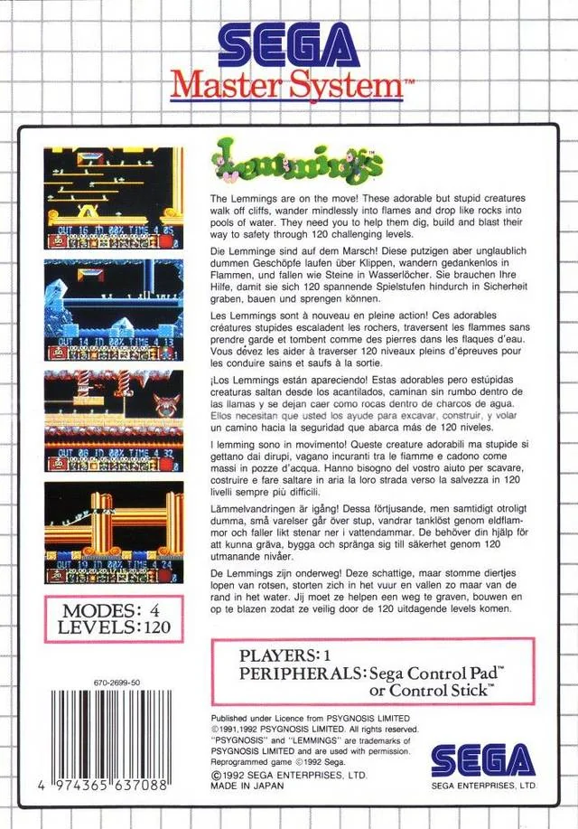 Contraportada europea de Lemmings per a Sega Master System, amb captures i text multilingüe.