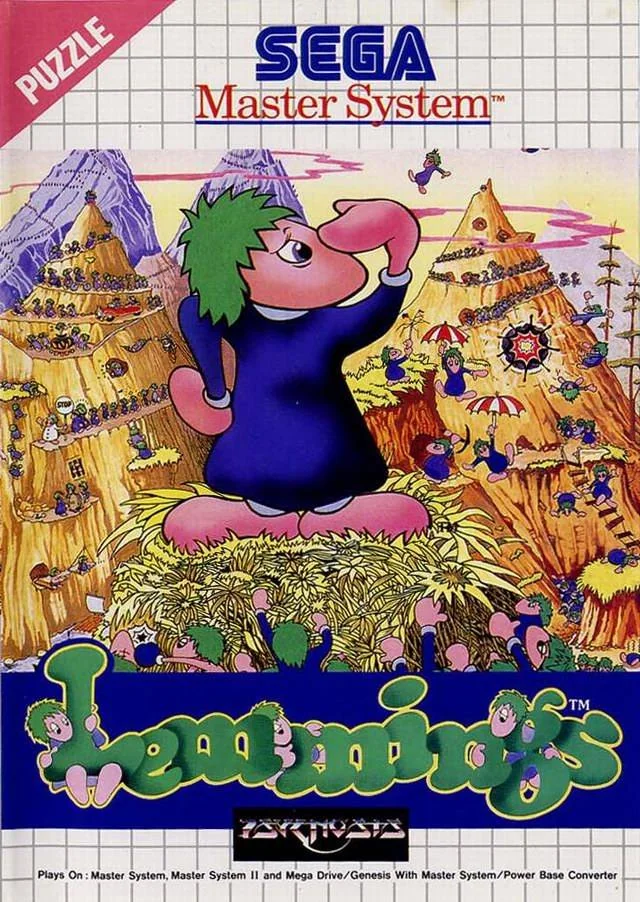 Portada europea de Lemmings per a Sega Master System, amb un lemming gegant entre dues muntanyes.