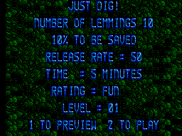 Pantalla informativa de Just Dig!, amb deu lemmings, objectiu del 10% i cinc minuts.