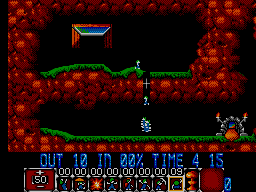 Partida inicial de Lemmings en una caverna, amb la multitud, el terreny i la barra d’habilitats.