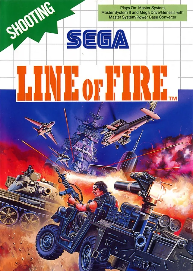 Portada europea de Line of Fire per a Sega Master System amb un jeep, un tanc, avions i un vaixell en combat.