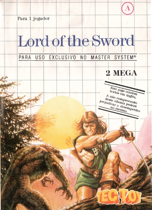 Portada brasilera de Lord of the Sword amb el logotip de Tec Toy, la indicació 2 MEGA i un guerrer.