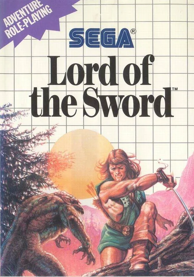 Portada europea de Lord of the Sword per a Sega Master System, amb un guerrer davant d’una criatura.