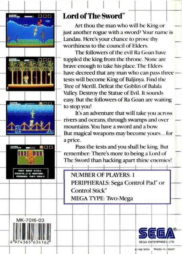 Contraportada europea de Lord of the Sword per a Sega Master System, amb quatre captures i text en anglès.