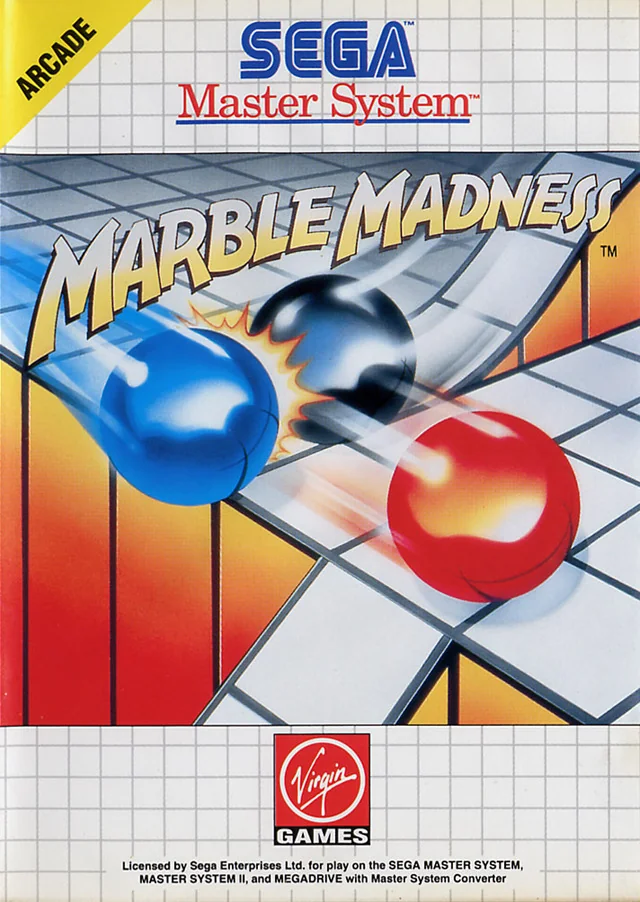 Portada europea de Marble Madness per a Sega Master System, amb tres bales sobre un recorregut isomètric.