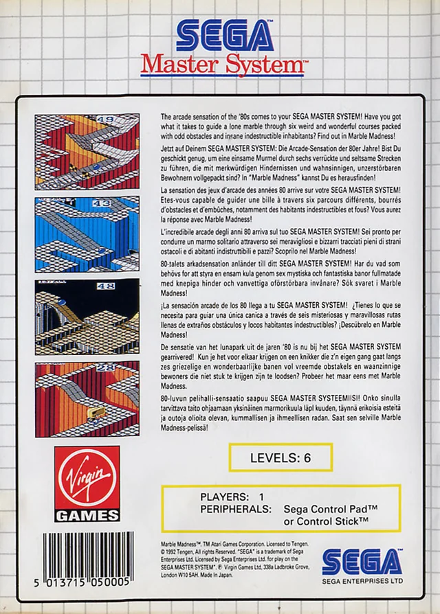 Contraportada europea de Marble Madness per a Sega Master System, amb captures i textos en diverses llengües.
