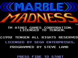 Pantalla de títol de Marble Madness amb els noms d’Atari Games, Tengen i Sega Enterprises i copyright de 1992.