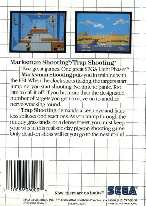 Contraportada nord-americana de Marksman Shooting & Trap Shooting amb captures dels dos jocs i text descriptiu en anglès.