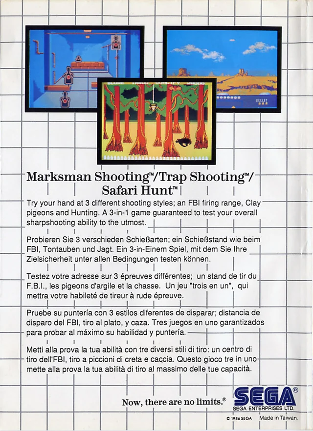 Contraportada europea de Marksman Shooting / Trap Shooting / Safari Hunt amb captures dels tres jocs i textos en cinc idiomes.