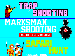 Pantalla de selecció amb els títols Marksman Shooting, Trap Shooting i Safari Hunt i l’ordre de prémer el gallet.