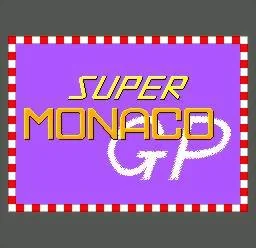 Pantalla de presentació de Super Monaco GP amb el logotip emmarcat per quadres vermells i blancs.