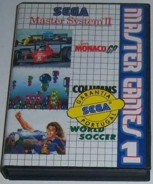 Capsa portuguesa de Master Games 1 amb un adhesiu groc de garantia sobre la coberta.