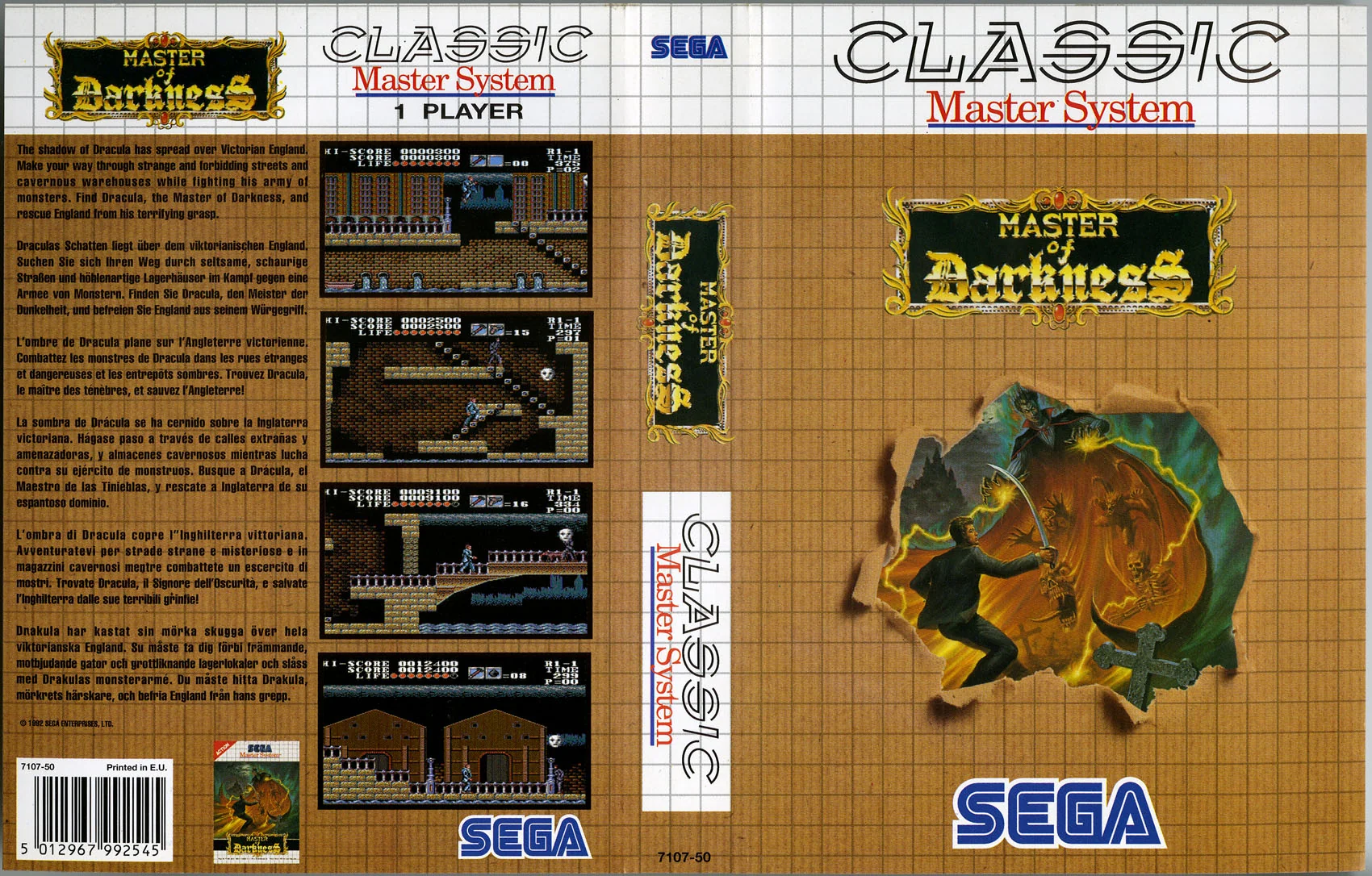Caràtula desplegada de Master of Darkness Classic per a Sega Master System, amb marc marró, portada, llom i contraportada.