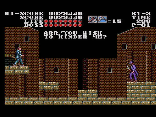 Ferdinand Social combat un enemic entre plataformes de maó en la versió de Sega Master System de Master of Darkness.