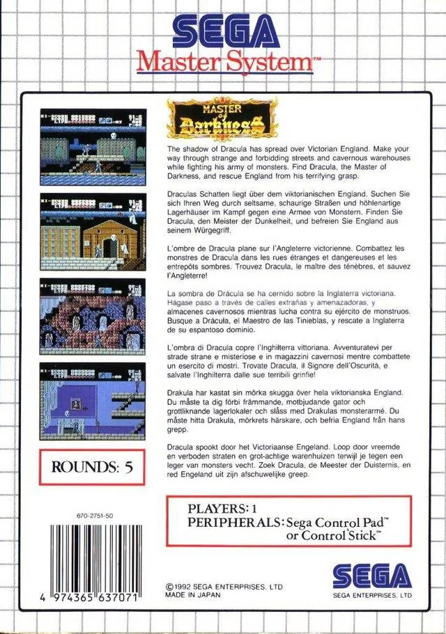 Contraportada europea de Master of Darkness per a Sega Master System, amb captures i textos multilingües.
