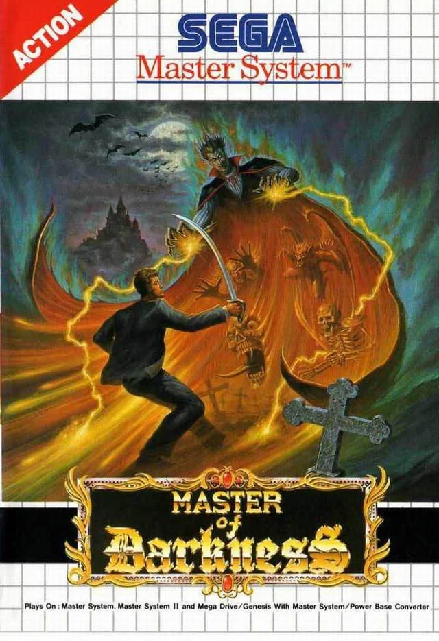 Portada europea de Master of Darkness per a Sega Master System, amb un home brandant una espasa davant de monstres i una figura vampírica.