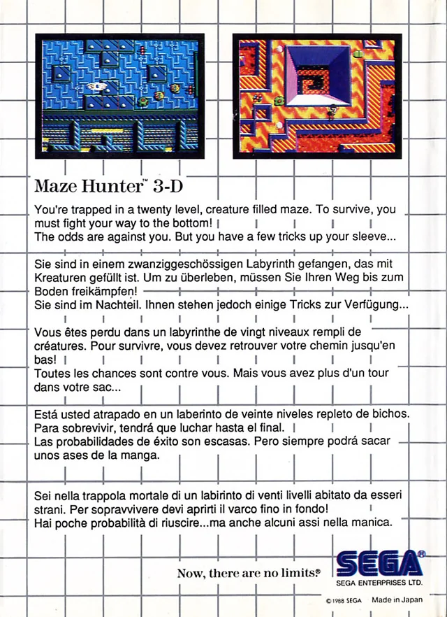 Contraportada europea de Maze Hunter 3-D amb captures i textos en cinc llengües.