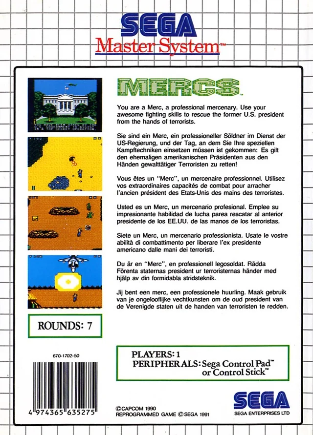 Contracoberta europea de Mercs per a Sega Master System, amb captures i textos multilingües.