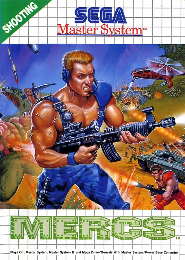 Caràtula frontal europea de Mercs per a Sega Master System, presidida per un mercenari armat.