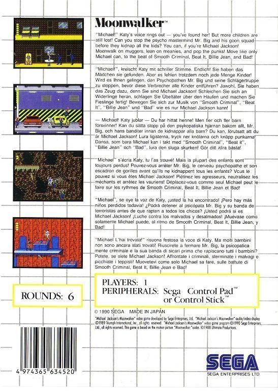 Contraportada europea de Michael Jackson's Moonwalker amb textos multilingües i quatre captures del joc.