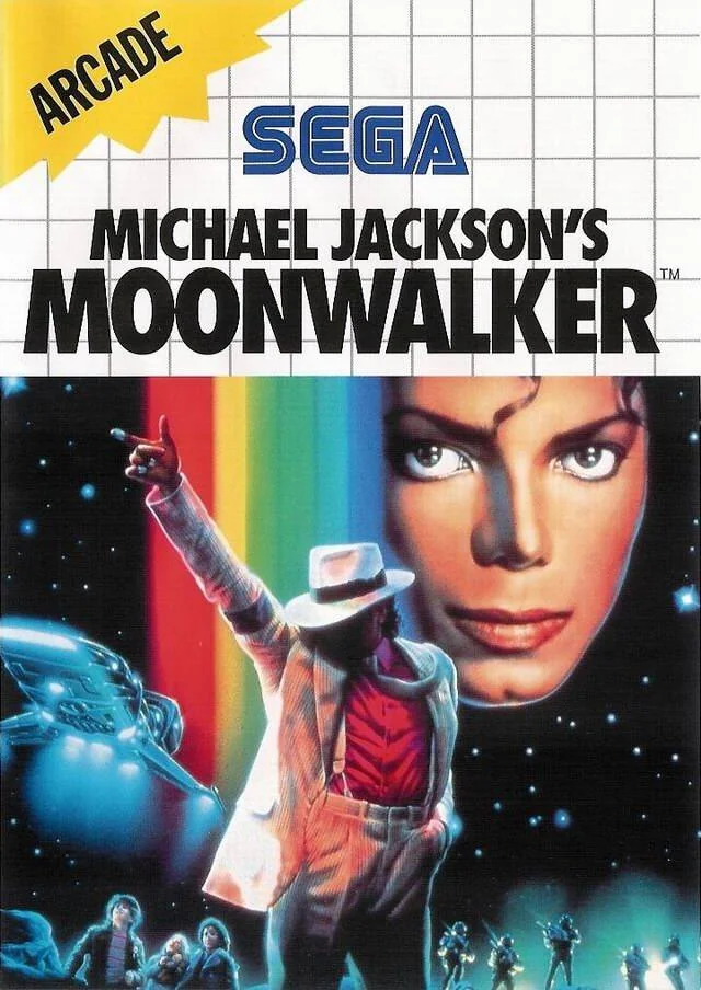 Portada europea de Michael Jackson's Moonwalker per a Sega Master System, amb Michael Jackson vestit de blanc.