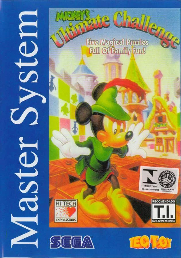 Portada brasilera de Mickey’s Ultimate Challenge per a Master System, amb Mickey vestit de verd davant d’un castell.