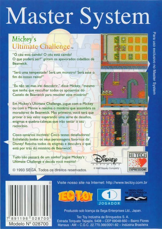 Contraportada brasilera de Mickey’s Ultimate Challenge per a Master System, amb text en portuguès i tres captures del joc.