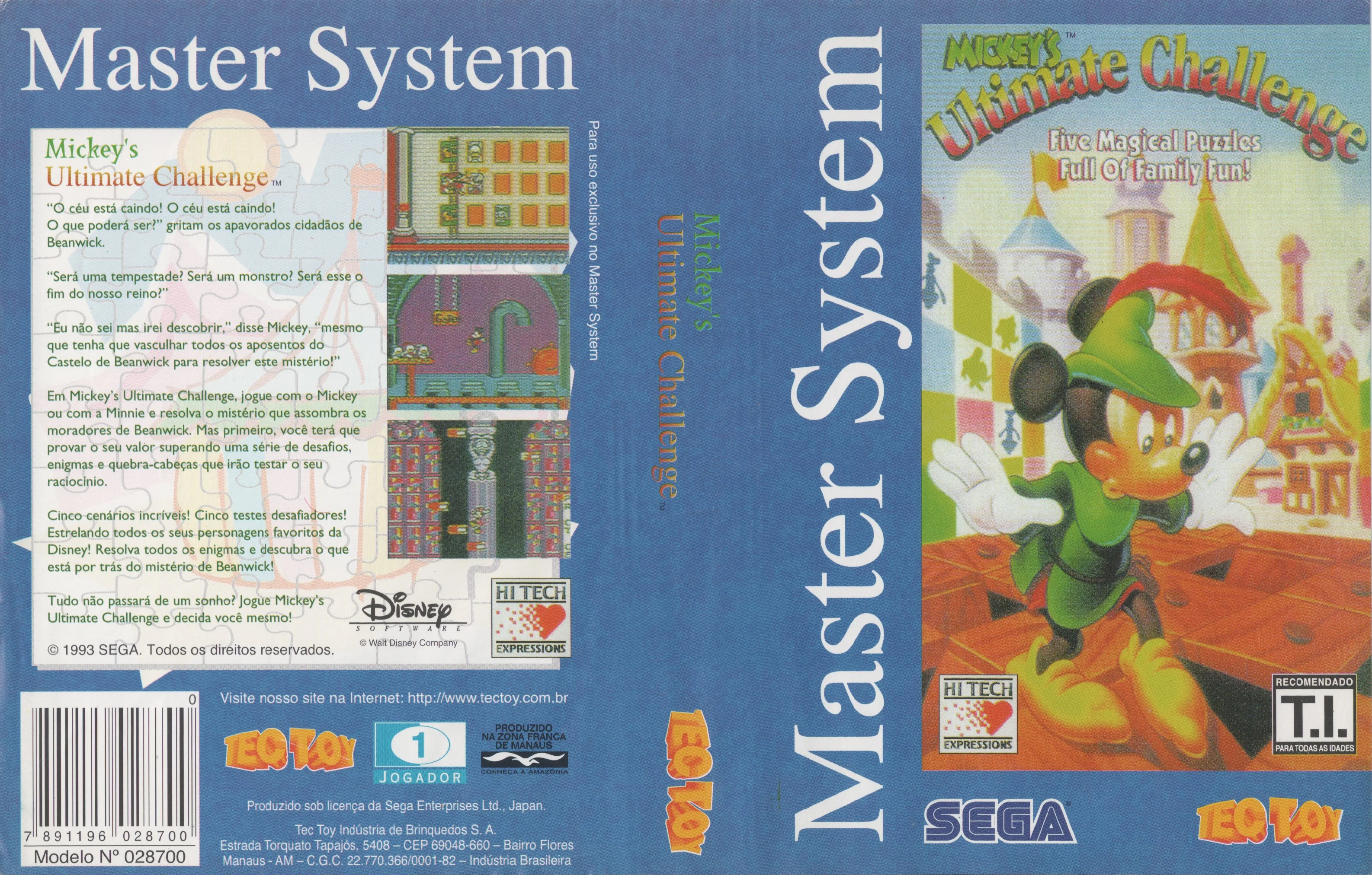 Caràtula brasilera desplegada de Mickey’s Ultimate Challenge, amb portada, llom i text posterior en portuguès.